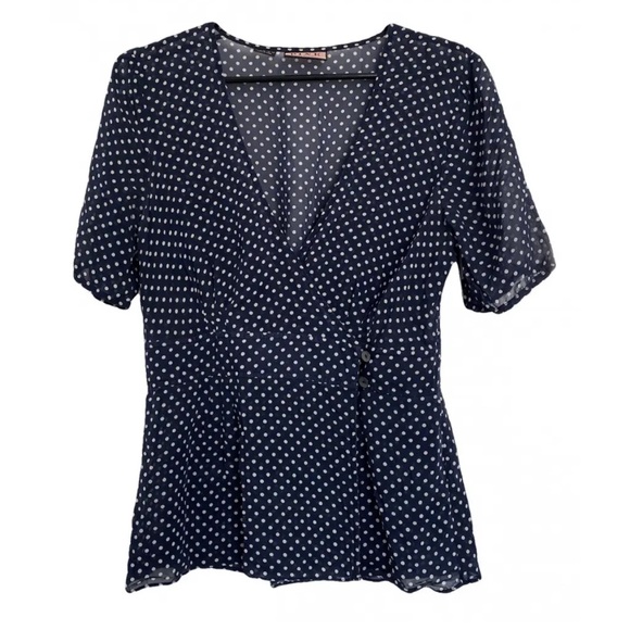 Thomas Pink London Navy Blue Polka Dot Pure Silk Blouse UK 8 US 4 Wrap Waist - Picture 1 of 14